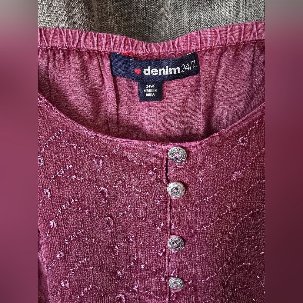 Denim24/7 Blouse Short Sleeve Button Down Embroidered Pink Sz 24W Boho Fairy - Picture 4 of 6